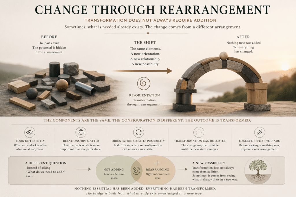 Editorial illustration showing the same components arranged differently to create a bridge, demonstrating transformation through rearrangement without adding new elements.