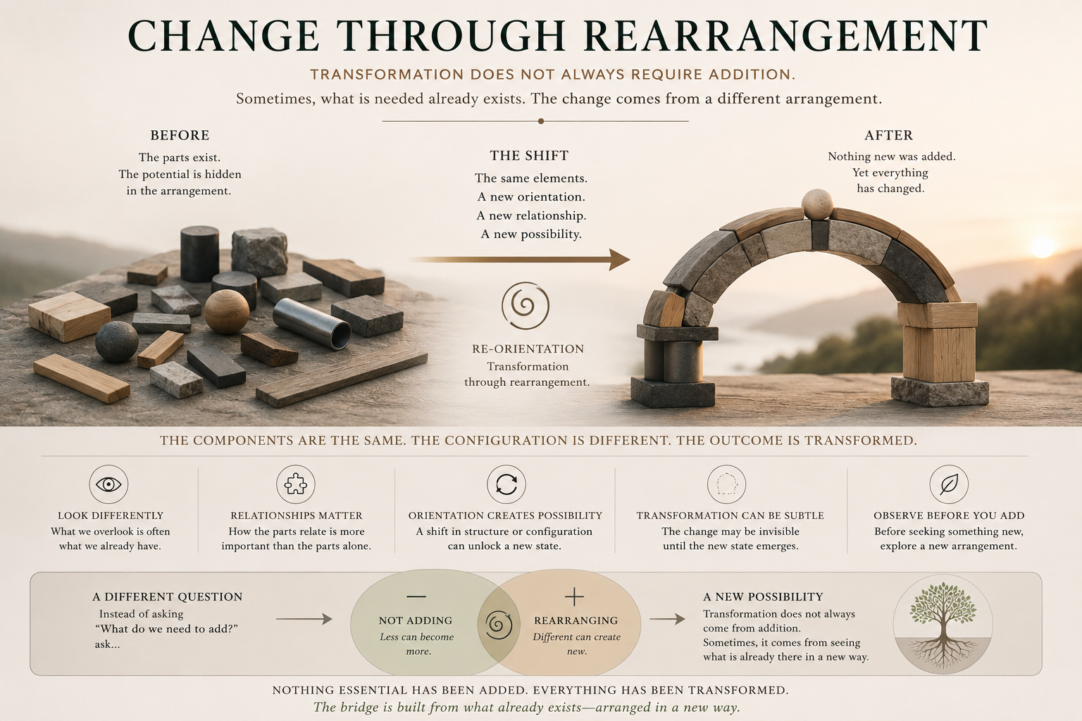 Editorial illustration showing the same components arranged differently to create a bridge, demonstrating transformation through rearrangement without adding new elements.