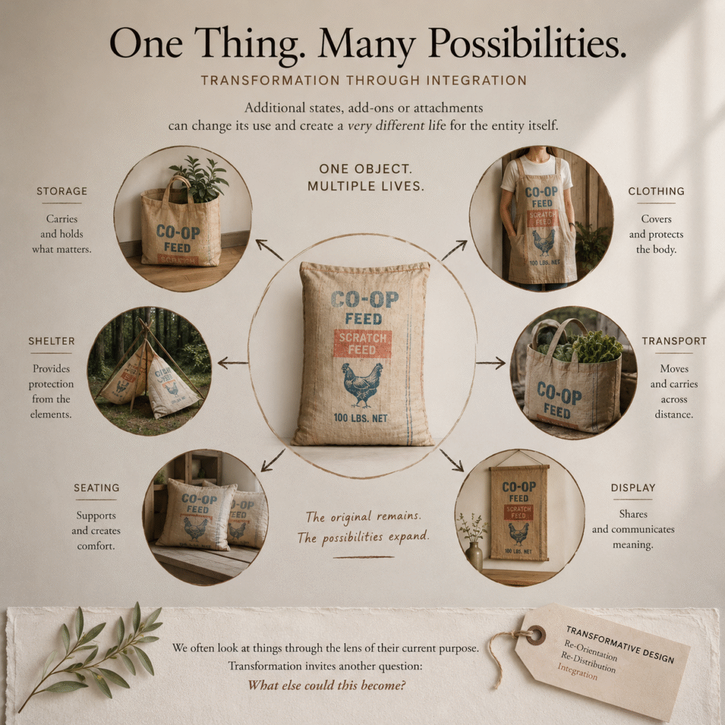 Editorial illustration showing a feed sack transformed into clothing, representing Integration and transformation through additional possibilities.