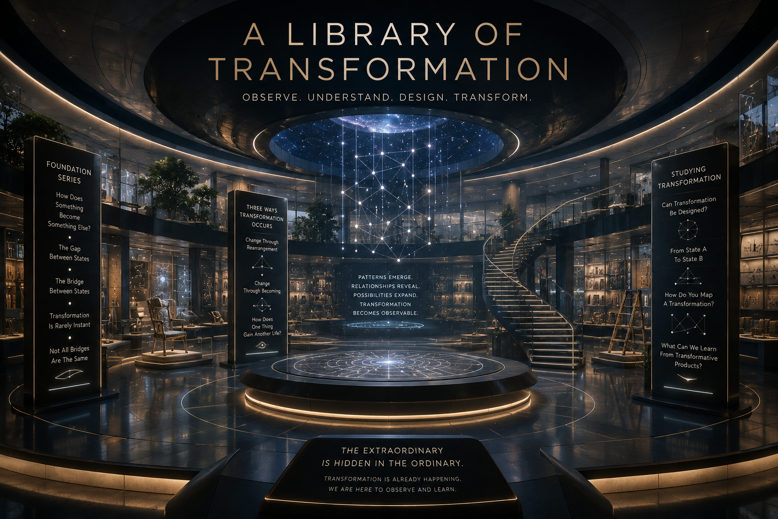 Futuristic library of transformation featuring interconnected pathways, states, ideas and transformative possibilities.