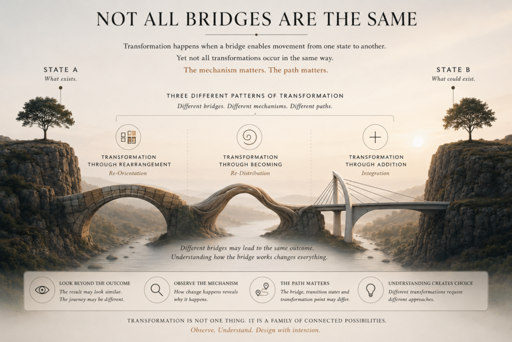 Editorial illustration showing three different bridge types connecting State A and State B, representing three distinct patterns of transformation through rearrangement, becoming and addition.