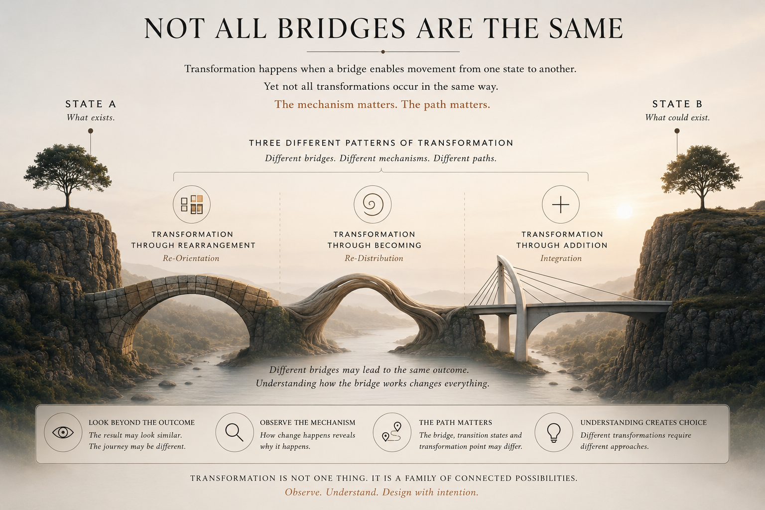 Editorial illustration showing three different bridge types connecting State A and State B, representing three distinct patterns of transformation through rearrangement, becoming and addition.