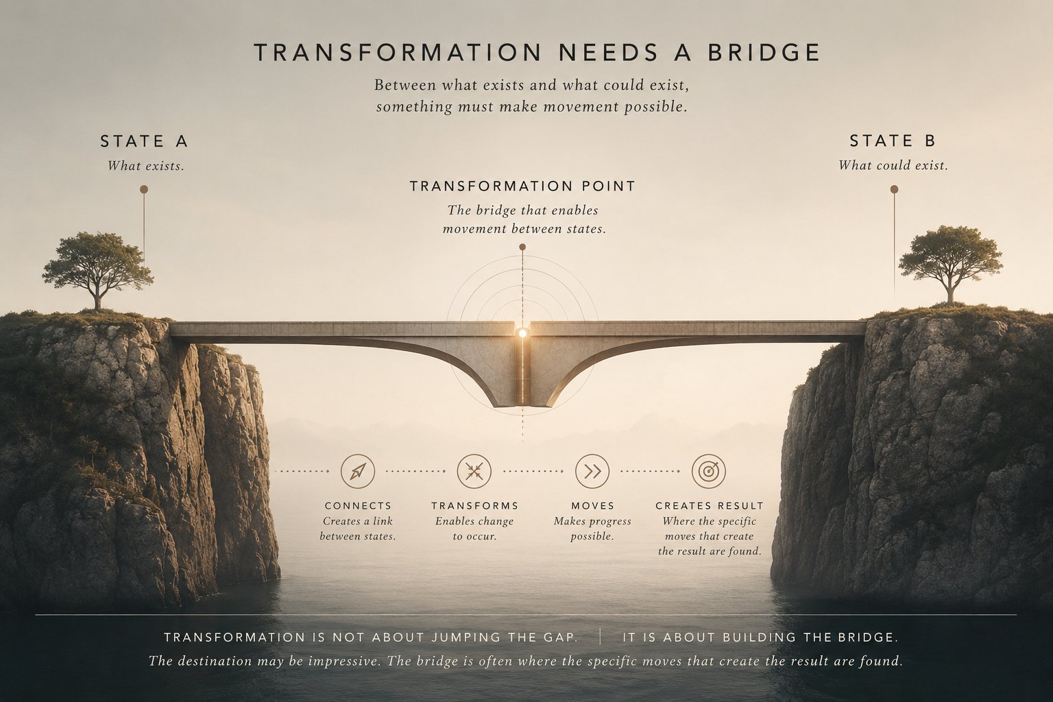 Editorial illustration showing State A and State B connected by a bridge representing a transformation point that enables movement between states.